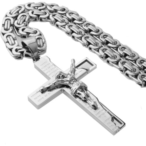 Silver Color Cross Pendant Necklace New Fashion Jewelry Male Gift Trendy Stainless Steel 18-30"6mm Link Byzantine Chain Choker