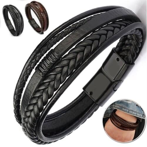Brown Leather Bracelet Mens Magnetic Leather Buckle Buckle Hand-woven Multi-layer Mens Leather Bracelet