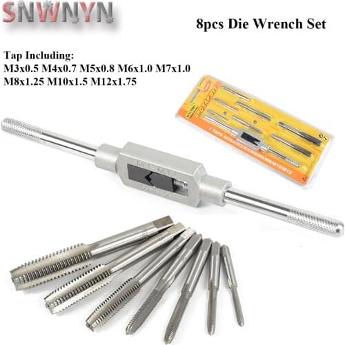 8pcs M3-M12 Tap And Die Set Tap Wrench Drill Set Hand Tapping Threading Tools Metric Screw Thread Tap Twist Drill Bit Wrench Set