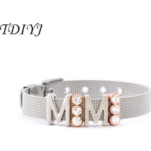 TDIYJ Newest Collection Reversible Mesh Stainless Steel Grandmother Keeper Bracelet with Sparkle Trio Slide Charms 1Set