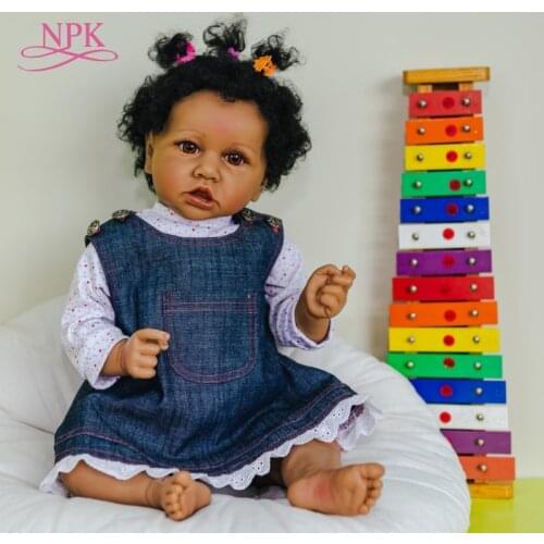 NPK 56CM Soft Touch Reborn Toddler Girl Saskia Black Skin Color African American Baby Handrooted Hair with Bottle and Pacifier