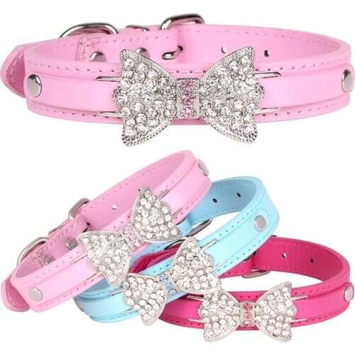 PU Leather Pet Cat Dog Collar Rhinestone Bowknot Puppy Collars for Small Medium Larger Dog Neck Strap Chihuahua Teddy XS/S/M/L