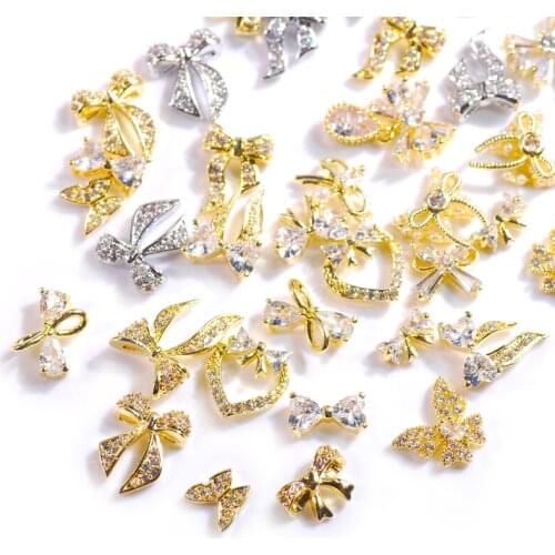 Super Shiny Zircon Nail Art Jewelry Gold/SIlver Bowtie Butterfly Fashion Designs 3D Charms For Nail Art Decoration Manicure