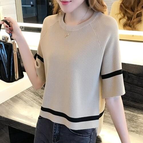 Thin Knitted T Shirt Women Clothes 2021 Summer Woman Short Sleeve Tees Tops Striped Casual T-Shirt Female Tshirt Femme Y356
