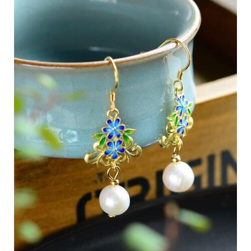 Vintage ethnic style 925 silver earrings natural freshwater pearl handmade cloisonne earrings