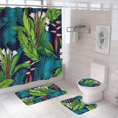 Green Leaves Plants Ins Shower Curtains Bathroom Curtain Bath Sets Toilet Cover Mat Non-Slip Washroom Rug Set Modern 180x180cm