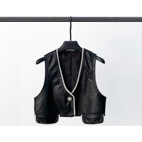 Spring 2021 New Leather Vest Lady Short Heavy Industry Sheep Skin Pearl Vest Sleeveless Leather Jacket with Fashion