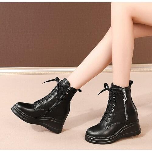 2020 Japan South Korea New winter ankle Women boots Genuine leather 8cm wedges Fashion boots black Women shoes Waterproof Taiwan