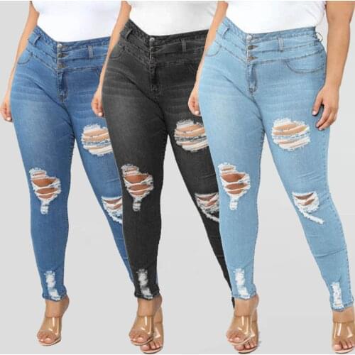 Ladies' Jeans High Waist With Holes In Elasticity And Small Feet Jeans Fashion Women Jeans Denim High Waist Stretch Sexy Slim