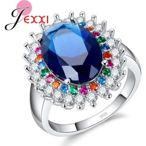 Women Jewelry Round Cut Blue CZ Crystal Rings For Ladies 925 Sterling Silver SilverWedding Rings For Women Flower Band Rings