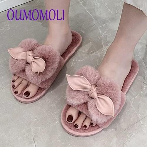 Women Slippers For Winter Fur Slides Home Soft Shoes bow Shape Indoor Outdoor Cute Furry Women Fluffy Slides Size 36-41 Q975