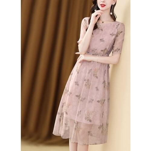 Only Plus Drawstring Chiffon Summer Dreeses For Women O Neck Casual Dress 2021 Holiday Floral Embroidery Dress Pink Vestidos