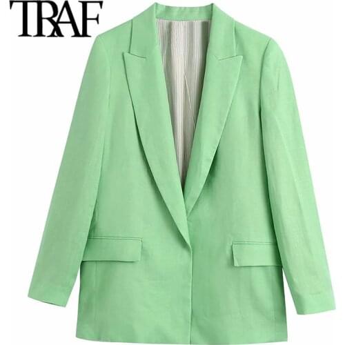 ZHENBAILI Za Woman 2021 Summer Autumn Green Linen Blazers Open Front Flap Pocket Casual Loose Suit Jacket Female Long Coats