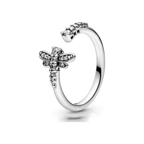 Bewill S925 Sterling Silver Ring Sparkling Dragonfly Open With Crystal Rings For Women Wedding Party Gift Fashion Jewelry