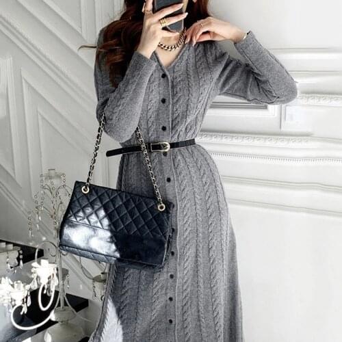 V-neck knitted dress Womens solid long sleeve elegant fashion dress Single-breasted Autumn winter office ladies tube maxi dress