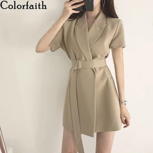 Colorfaith New 2020 Women Summer Dresses Notched High Waist Korean Style Lace Up Vintage Elegant Office Lady Mini Dress DR1283-A