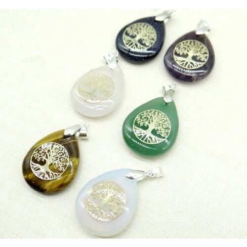 2020 Hot Sale 6pcs Natural stone Quartz Crystal tiger eye Water droplets Tree Of Life pendant for Diy Jewelry making necklace