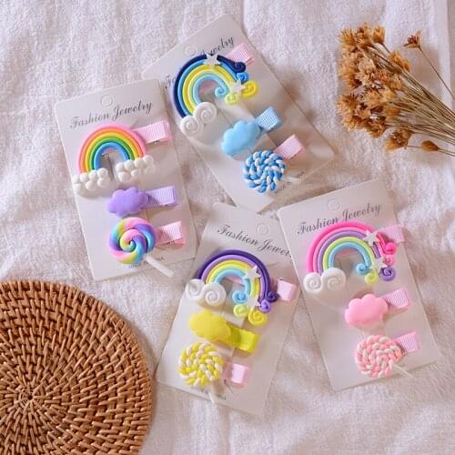 3pcs/Set New Girls Cute Rainbow Clouds Lollipop Hairpins Little Girl Clip Hair Accessories Duckbill Clip Baby Fashion BB Clip