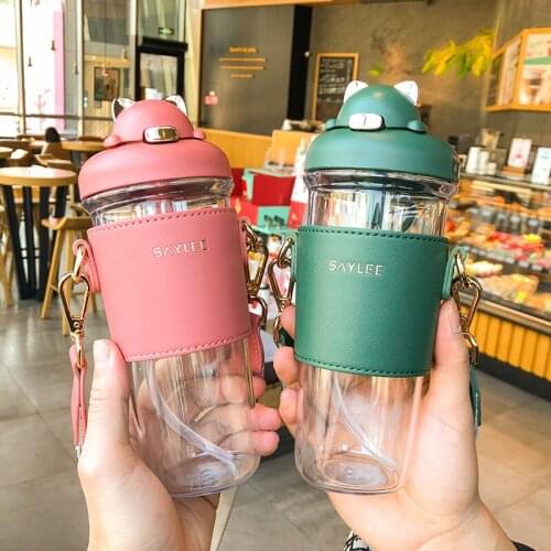 500ml Cartoon Plastic Cup Creative Bullet Lid Cartoon Straw Cup Child Strap Kettle Gift Box