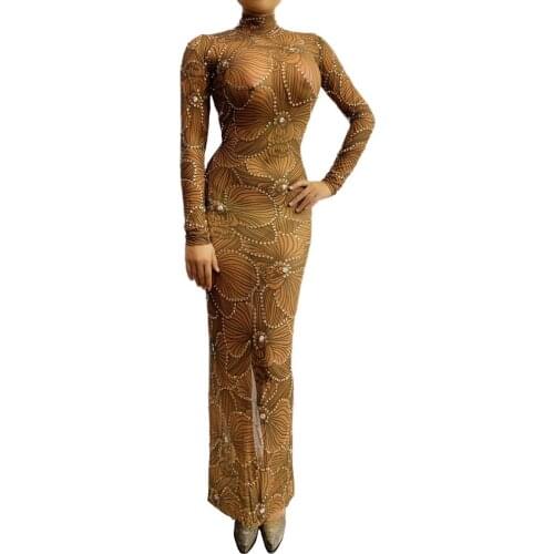 Shining Gold Rhinestones Women Birthday Prom Celebrate Transparent Long Dress Female Performance Dance Costume