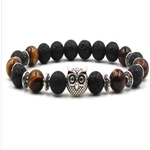 8mm Volcanic Tiger Eye Gemstone owl mala Bracelet 7.5inches Sutra Cuff Monk Wristband Bead Yoga Lucky Tibet silver Men Energy