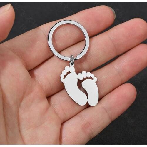 100% Stainless Steel Baby Feet Key Chain Blank For Engrave Metal Baby Foot Tag Charm Keychain Mirror Polished Wholesale 10pcs