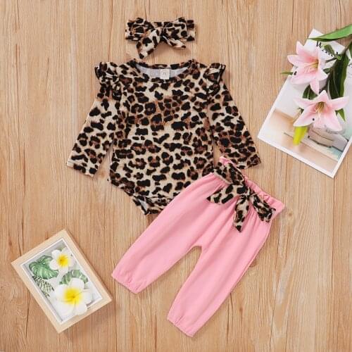 Newborn Infant Girls Outfits Printed Romper Top + Long Pant + Bowknot Headband + Waistbelt Clothes Sets