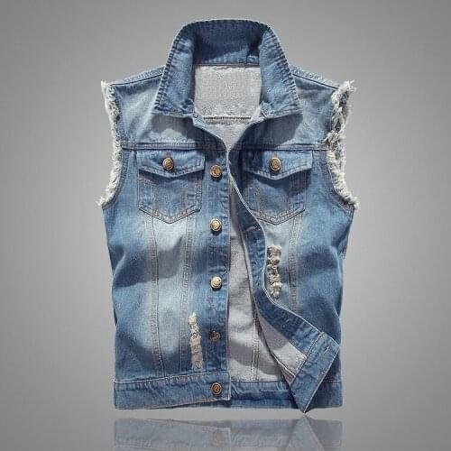 Denim Vests Men 6XL Ripped Male Tank Top Washed Jeans Waistcoat Man Cowboy Brand Hip Hop Sleeveless Jackets Men Dark Blue