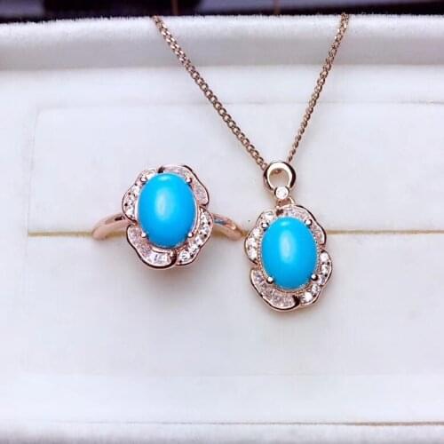Fashion blue turquoise ring and necklace jewelry set for women 925 sterling silver oval gem girl birthday gift blue color
