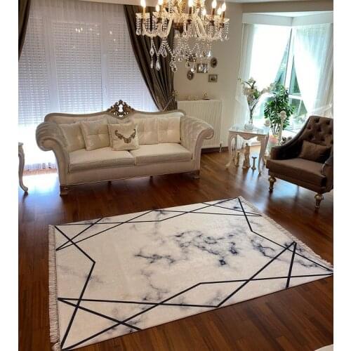 Marble Pattern Living Room Rug Washable Non-Slip Outsole Stain resistant Foal Feather Fabric Black White Colors