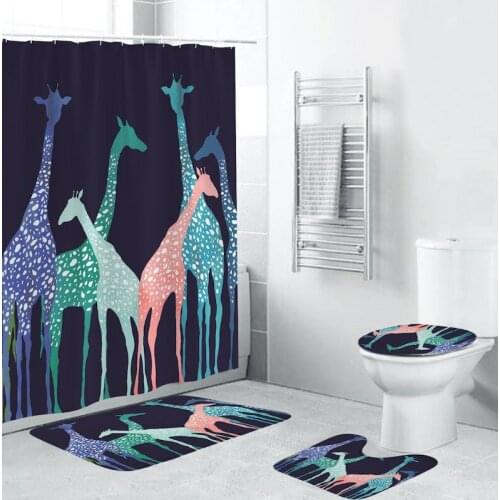 Giraffe Printed Shower Non-Slip Curtain Carpet Mat Combination Bathroom Toilet Seat Bathroom Curtain Four-Piece Set