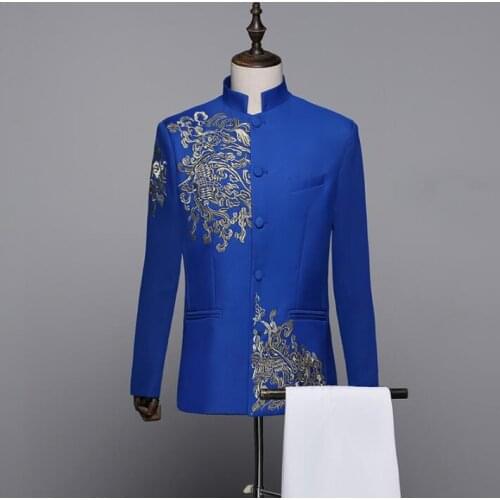 2020 new arrival embroidery slim men suit set with pants stand collar mens wedding suits formal dress mens groom suit + pant