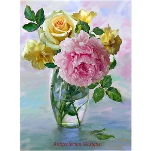 Needlework for embroidery DIY French DMC High Quality - Counted Cross Stitch Kits 14 ct Oil painting - Peony and Yellow Roses