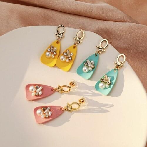 Morandi Color Earrings for Women Geometric Colorful Micro-set Rhinestones Pearl Earrings Korean Fashion Jewelry 2020 New Trend