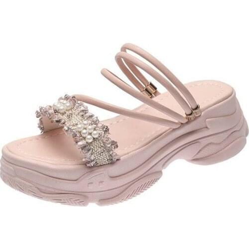 Womens Platform Slippers Ladies Thick Bottom Sandals White Summer Open Toe Pearls Slides 2021 Fashion Female Wedge Beach Shoes