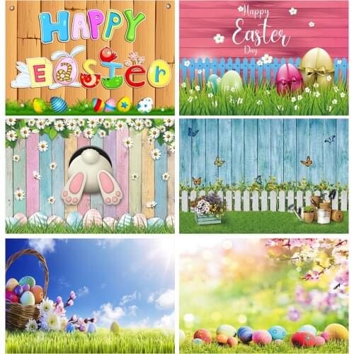 Vinyl Wood Backdrops Baby Cartoon Spring Easter Day Rabbit Flowers Eggs Grass Poster Photographic Background For Photo Studio
