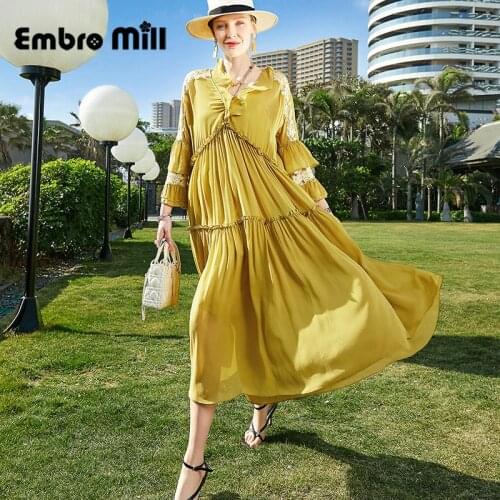High-End Spring New V-Neck Street Style Silk Spliced Double Layer Butterfly Sleeve Middle Length Loose Lady Vacation Dress S-XL
