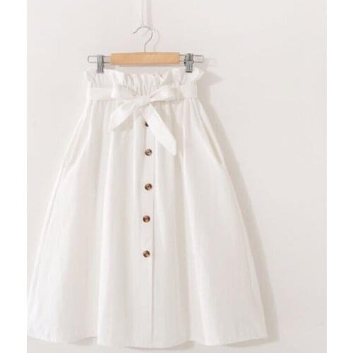 White High Waist Bowtie A-line Womens Midi Skirt Ruffles Button Pocket Ladies Skirts 2020 Summer Casual Female Skirts Bottoms
