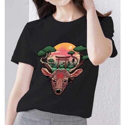 T-shirt Womens Casual Basic Summer Ladies' Tops Japanese Slim O-neck All-match Soft Anime Pattern Printing Series Black T-shirt