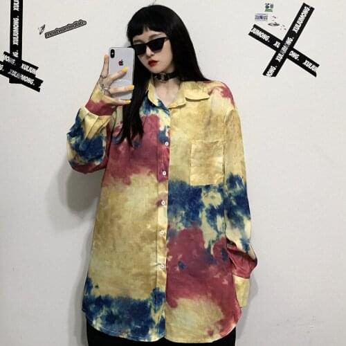 Lady Single Breasted Polo Neck Long Sleeve Loose Shirts Blue Yellow Girl Tie Dye Shirt Autumn Harajuku Street Korean Fashion Top