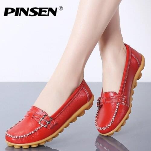 PINSEN New Women Ballet Flats Shoes Loafers Women Genuine Leather Female Flats Moccasins Ladies Ballerina Flats Shoes creepers