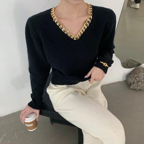 2021 New Gold Chain V Neck Women Knitted Sweater European Style Casual Long Sleeve Pure Color Hot Fashion Knitwear