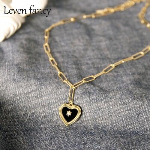 Anchor Chain Natural Black Onyx Love Heart Necklaces Golden Sterling Silver 925 Pendant Necklace for Woman Wedding Jewelry