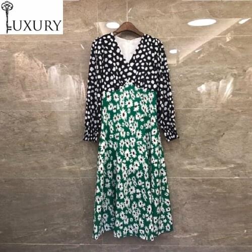 2020 High Quality Silk Autumn Fashion Women V-Neck Polka Dot Print Patchwork 3/4 Sleeve Mid-Calf Party Casual Dress