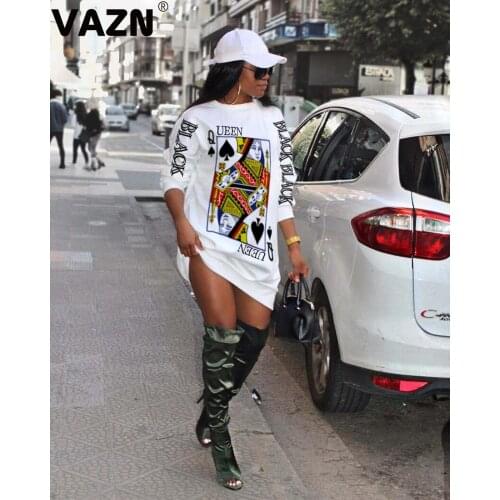 VAZN 2020 Autumn Hot Plus Size White Daily Young Casual Regular Energy Style Round Neck Full Sleeve Women Straight Midi Dress