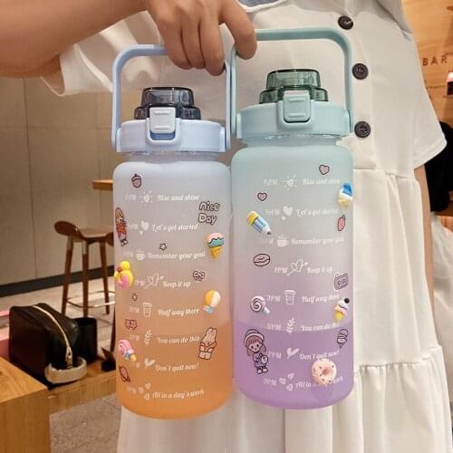 2000ml Large Capacity Fitness Graduated Water Cup Portable Travel Outdoor Sport Cup With Carrying Ring Cute Gradient Straw Cup