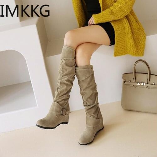 2020 Women Suede Knee High Boots Fashion Folding Slip on Winter High Boots Casual high Heels Long Slim Boots Ladies