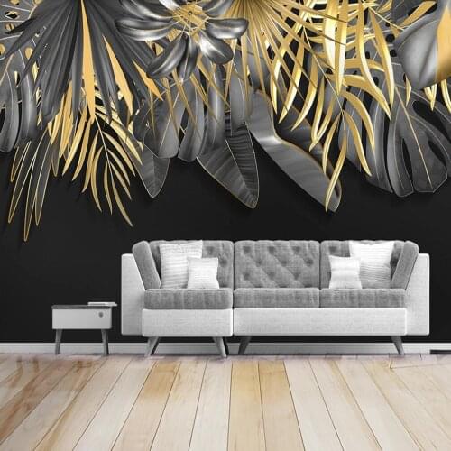 Milofi custom 3D wallpaper mural Nordic minimalist hand painted tropical plant golden leaves background wall decoration painting