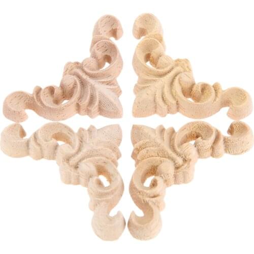 4pc 4cm Woodcarving Corner Decal Unpainted Wood Carved Decal Corner Onlay Applique Frame Home Furniture Cabinet Door Decor Craft