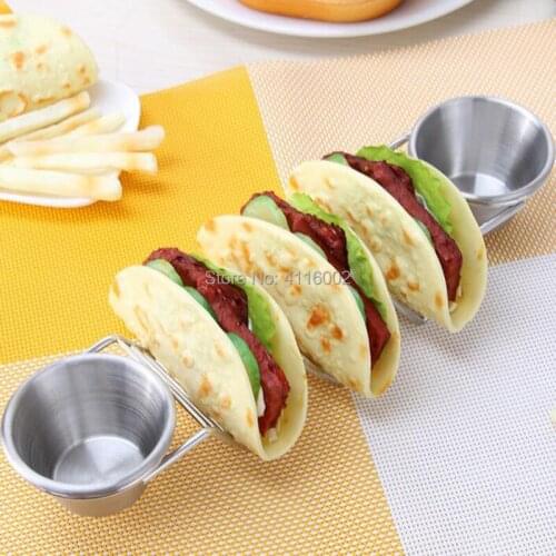 50pcs Stainless Steel Mexican Pizza Food Stand Taco Holder Food Rack With Two Cups Kitchen Pie Tool Accessories